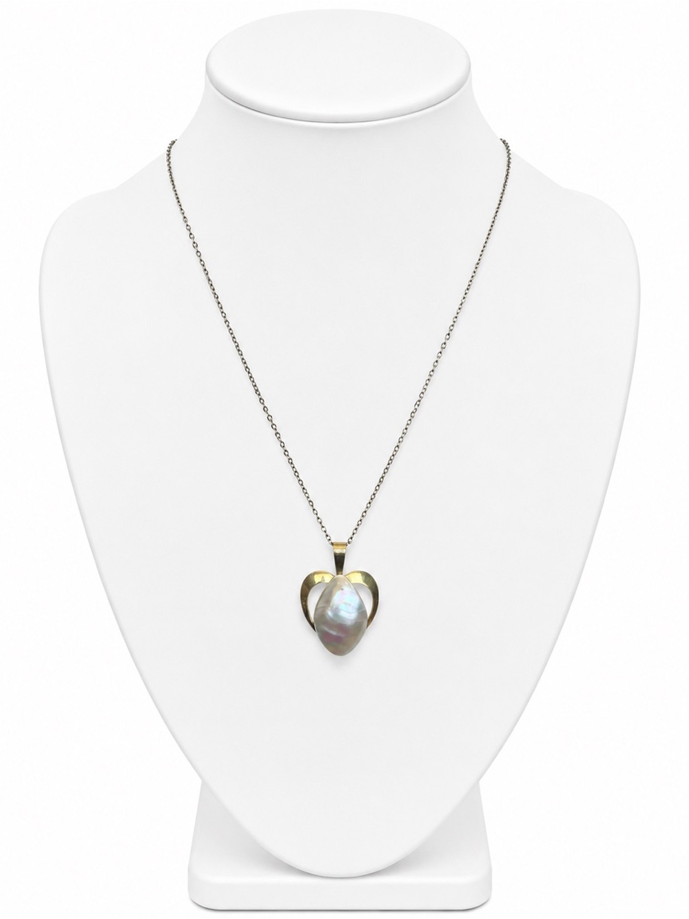 Vintage Goldtone Heart Pendant Abalone Iridescent Shell Necklace